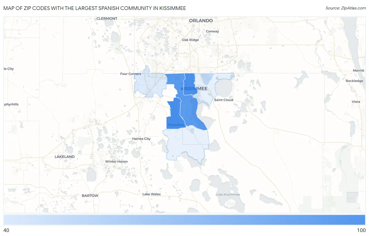 Zip Codes with the Largest Spanish Community in Kissimmee Map