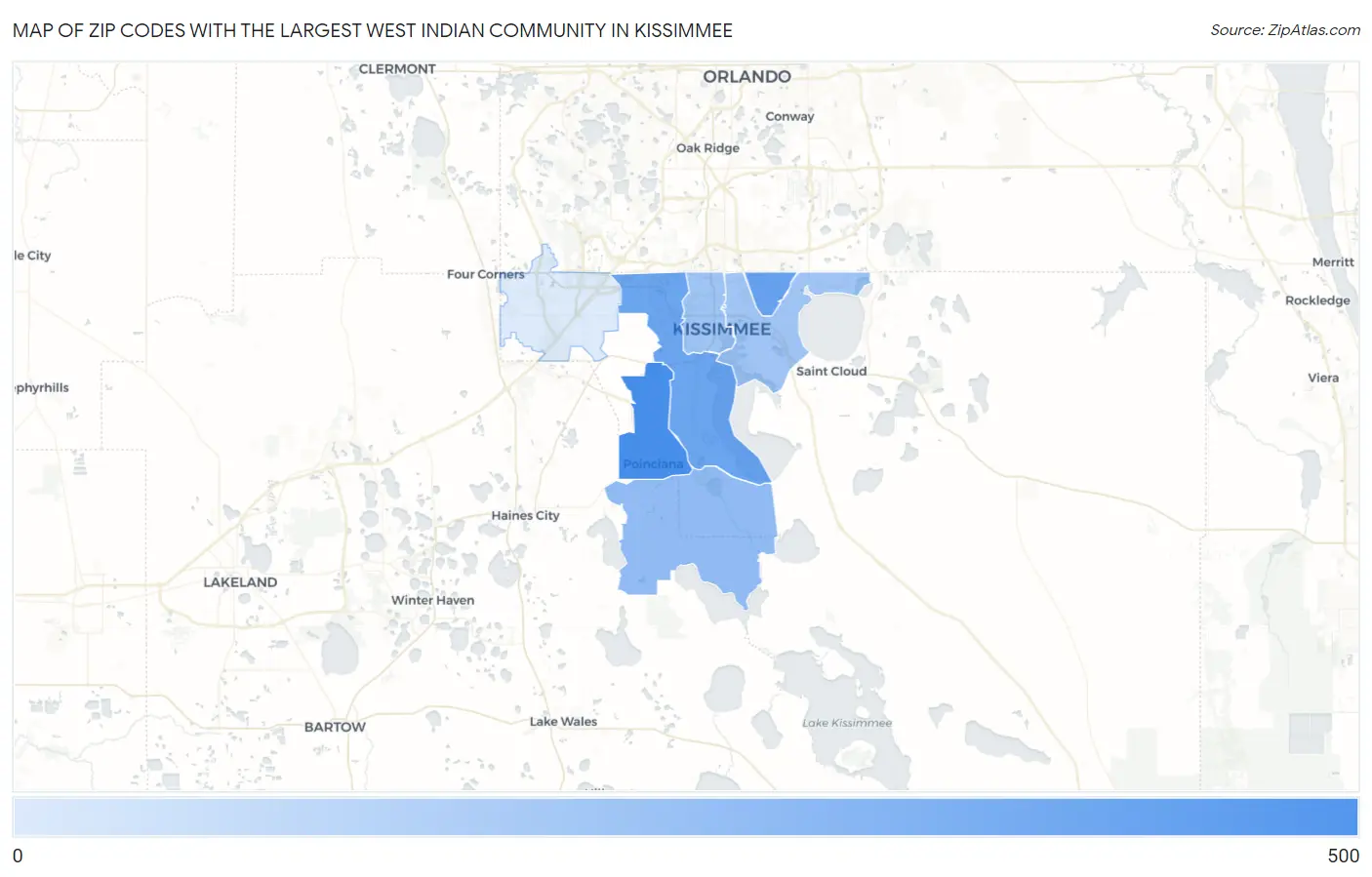 Zip Codes with the Largest West Indian Community in Kissimmee Map