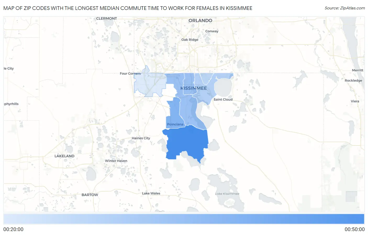 Zip Codes with the Longest Median Commute Time to Work for Females in Kissimmee Map
