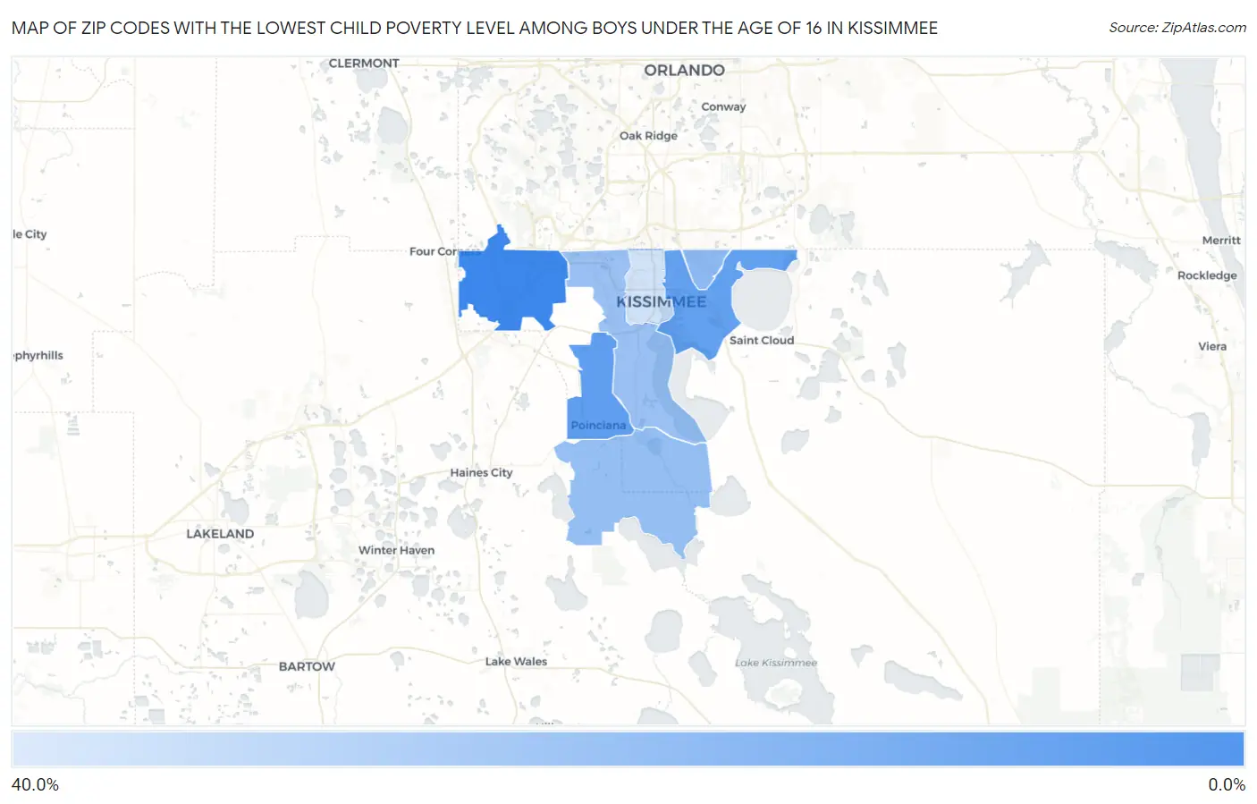 Zip Codes with the Lowest Child Poverty Level Among Boys Under the Age of 16 in Kissimmee Map