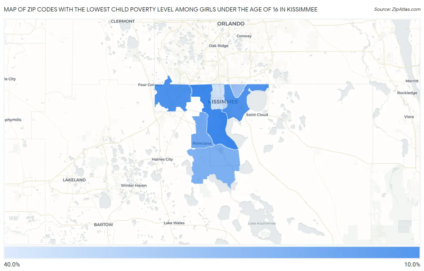 Zip Codes with the Lowest Child Poverty Level Among Girls Under the Age of 16 in Kissimmee Map
