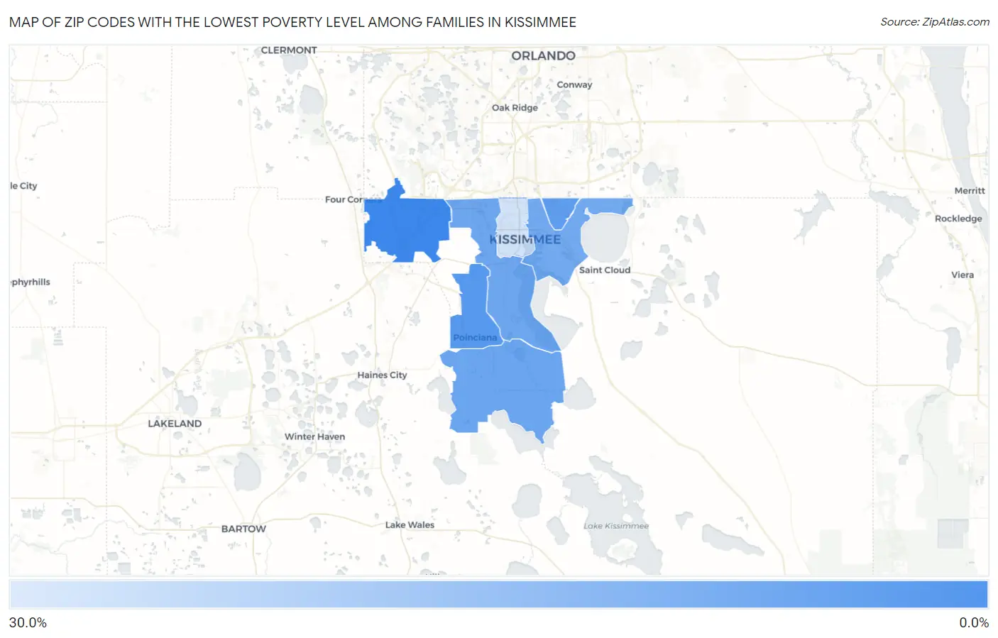 Zip Codes with the Lowest Poverty Level Among Families in Kissimmee Map