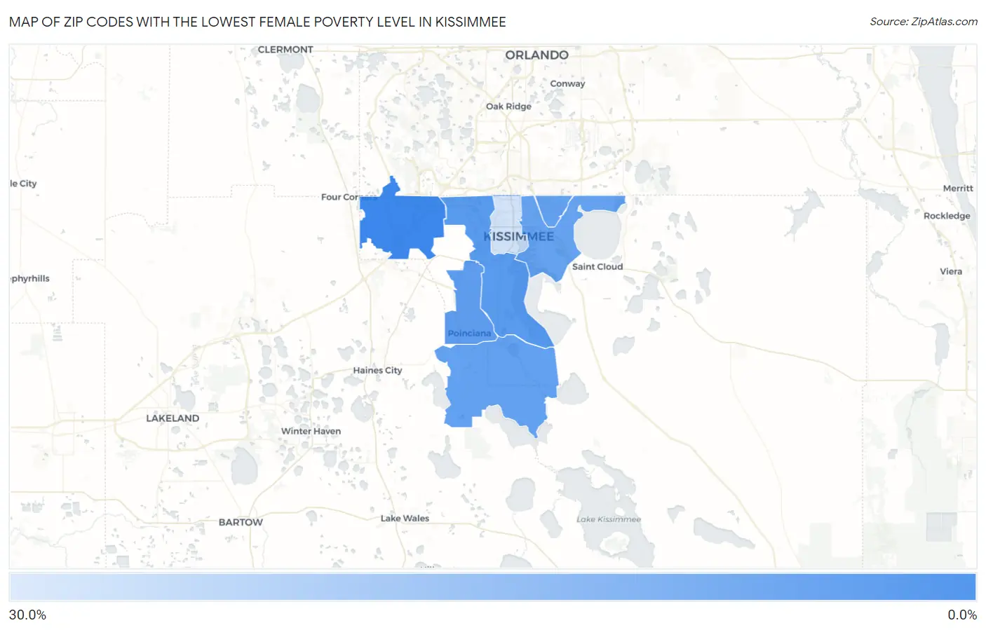 Zip Codes with the Lowest Female Poverty Level in Kissimmee Map