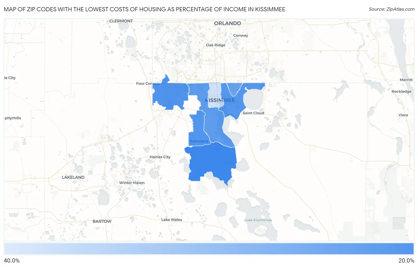 Zip Codes with the Lowest Costs of Housing as Percentage of Income in Kissimmee Map