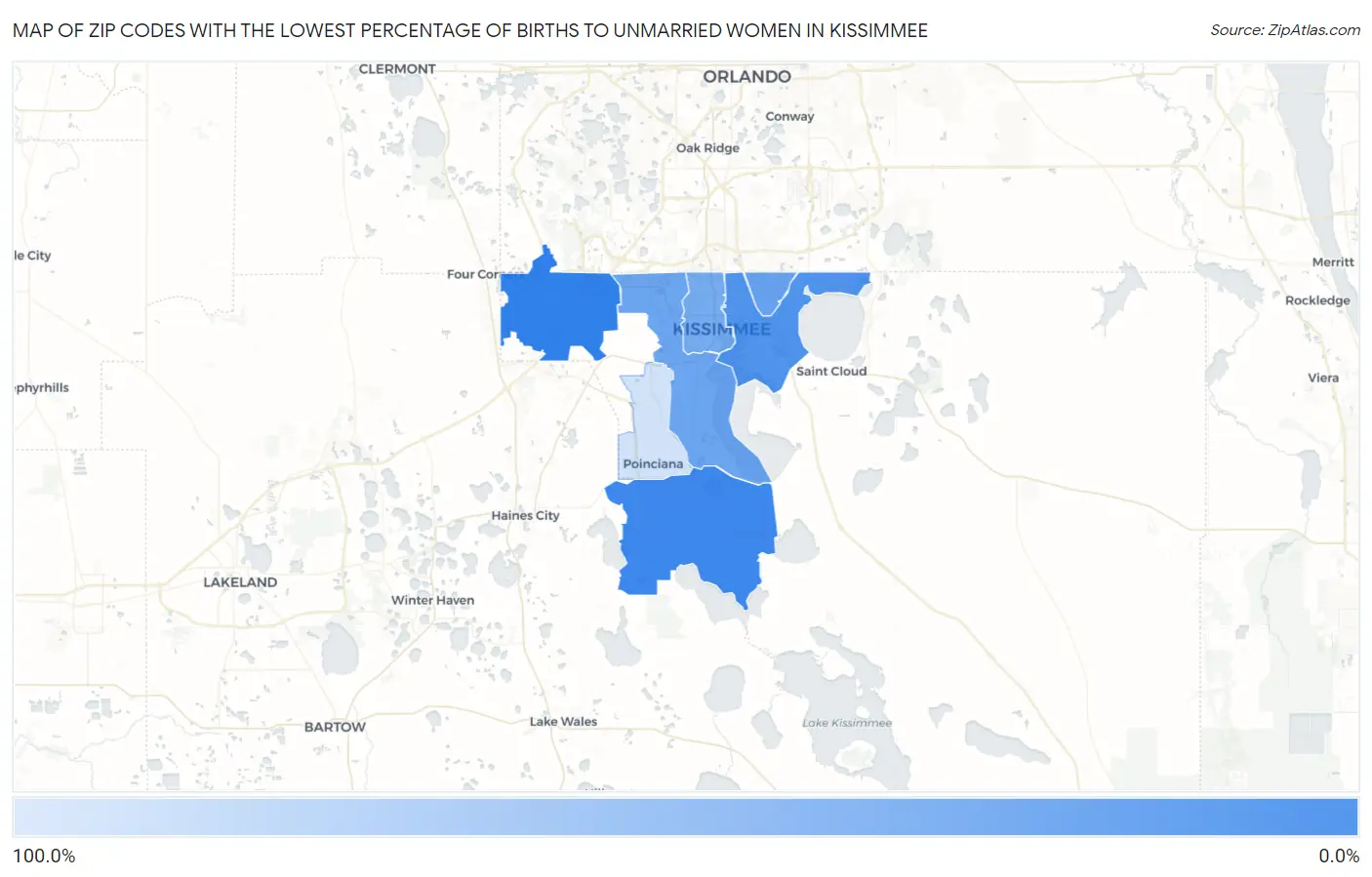 Zip Codes with the Lowest Percentage of Births to Unmarried Women in Kissimmee Map