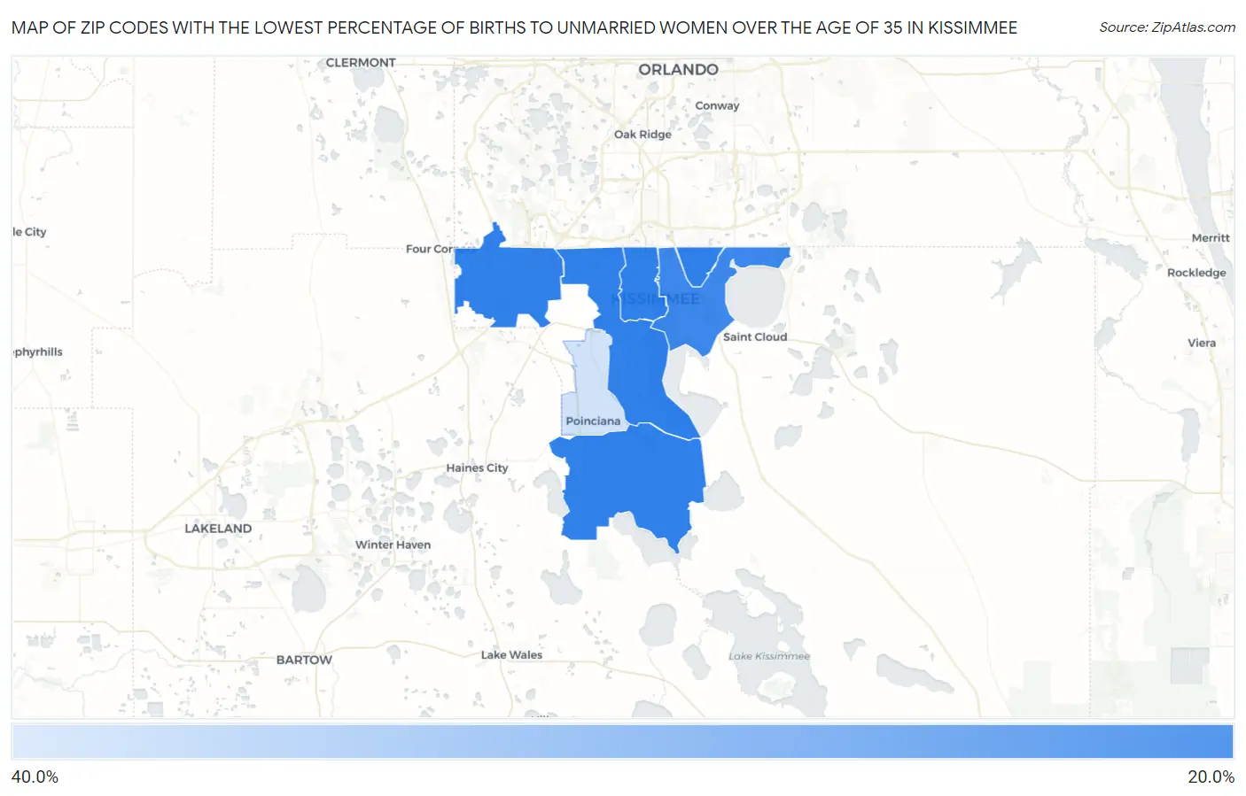 Zip Codes with the Lowest Percentage of Births to Unmarried Women over the Age of 35 in Kissimmee Map