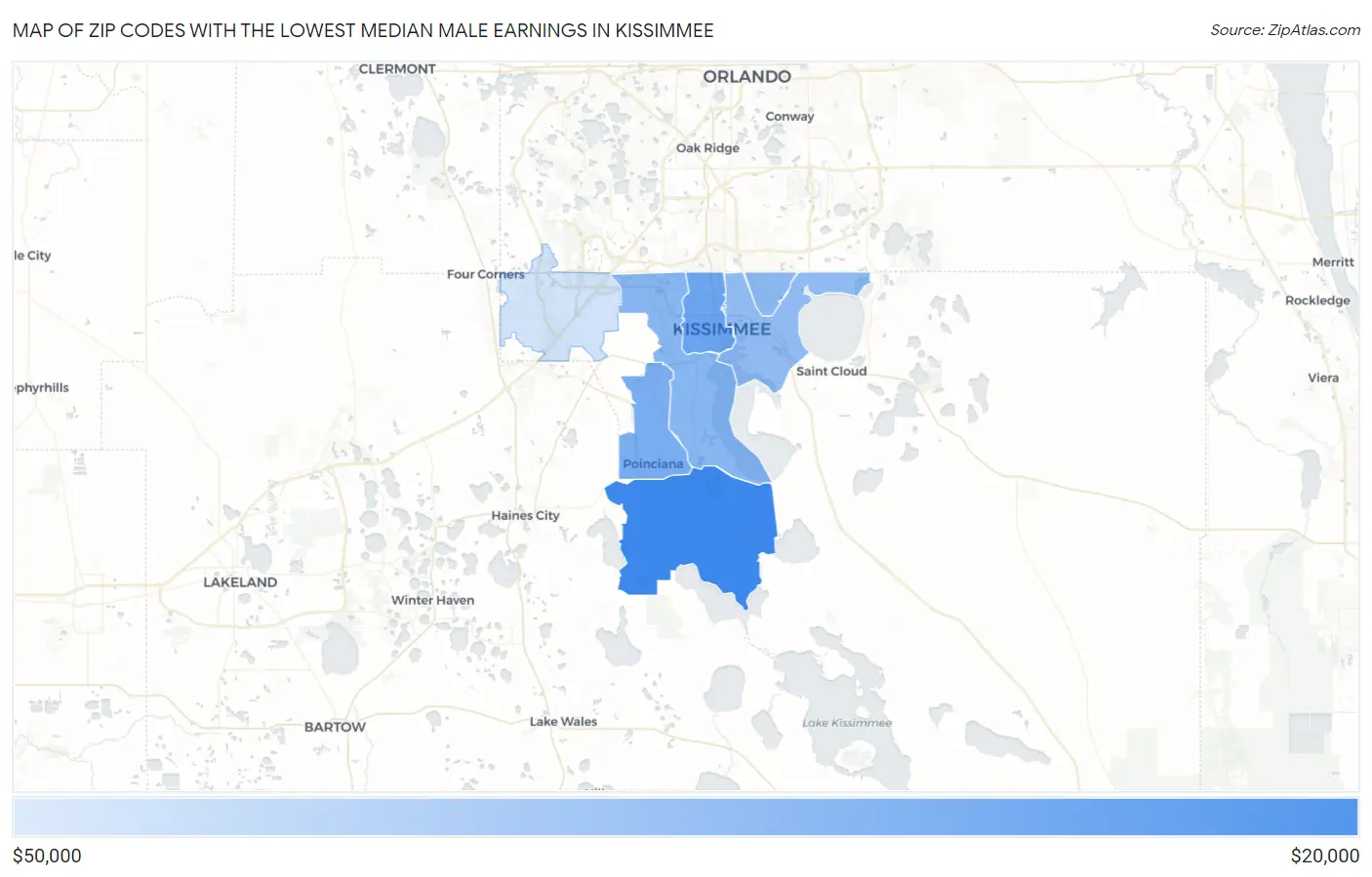 Zip Codes with the Lowest Median Male Earnings in Kissimmee Map
