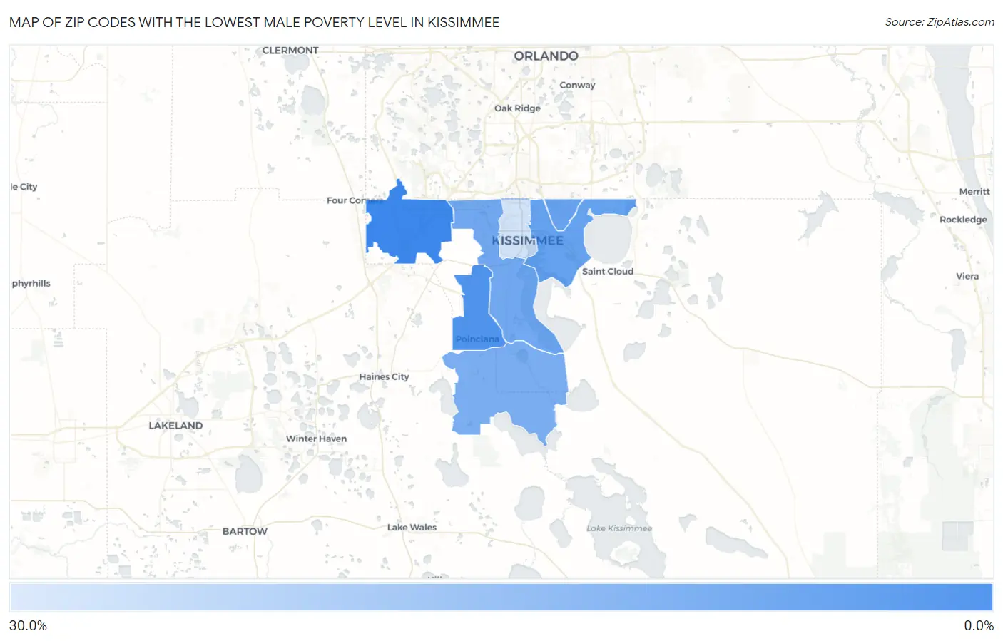 Zip Codes with the Lowest Male Poverty Level in Kissimmee Map