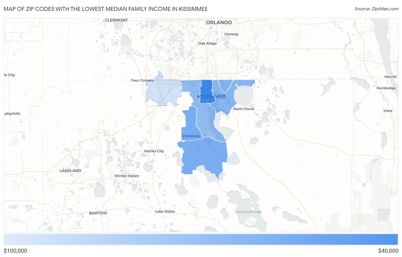 Zip Codes with the Lowest Median Family Income in Kissimmee Map
