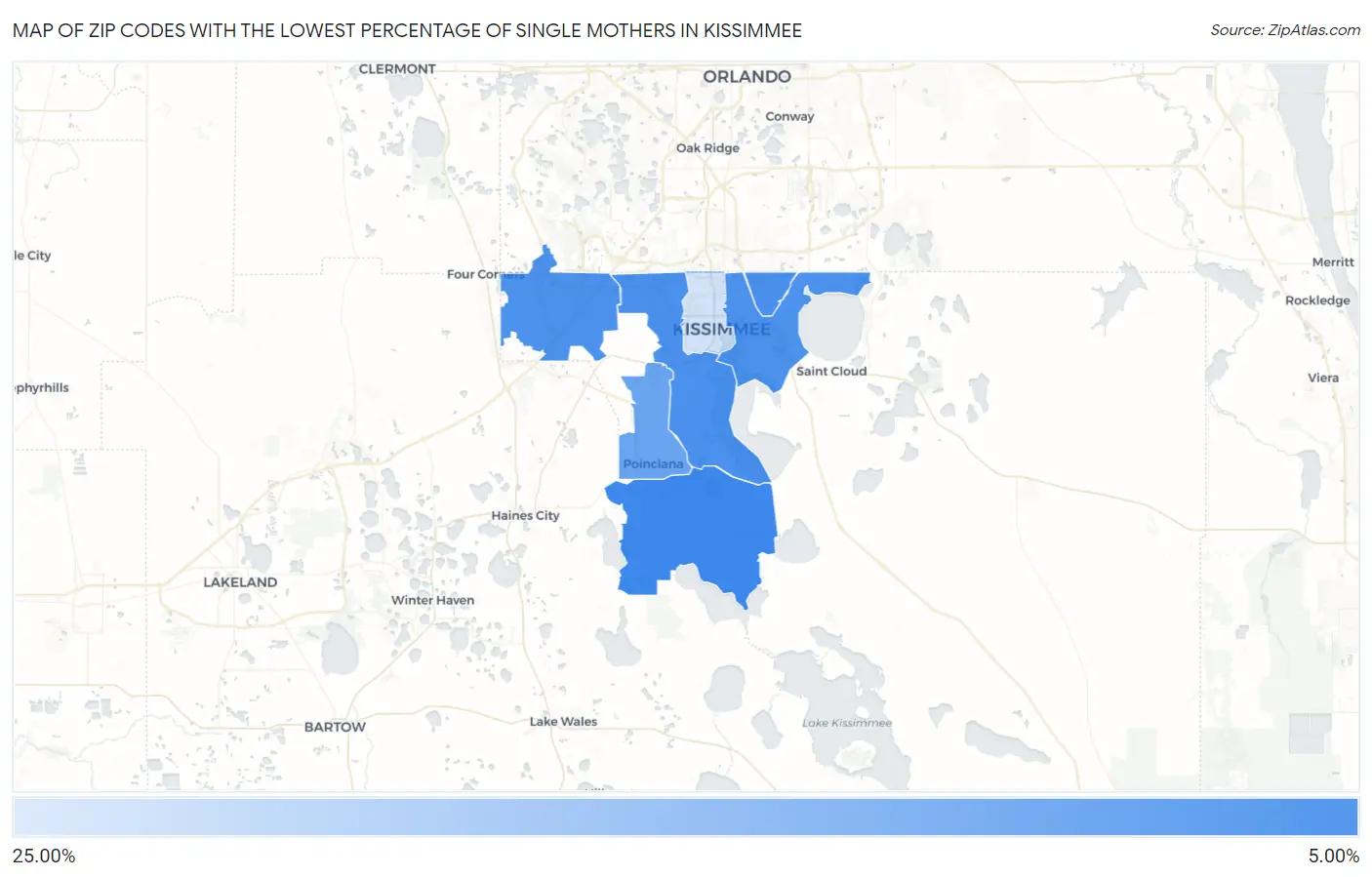 Zip Codes with the Lowest Percentage of Single Mothers in Kissimmee Map