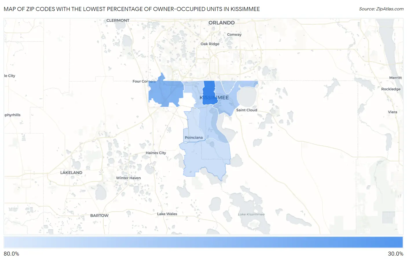 Zip Codes with the Lowest Percentage of Owner-Occupied Units in Kissimmee Map
