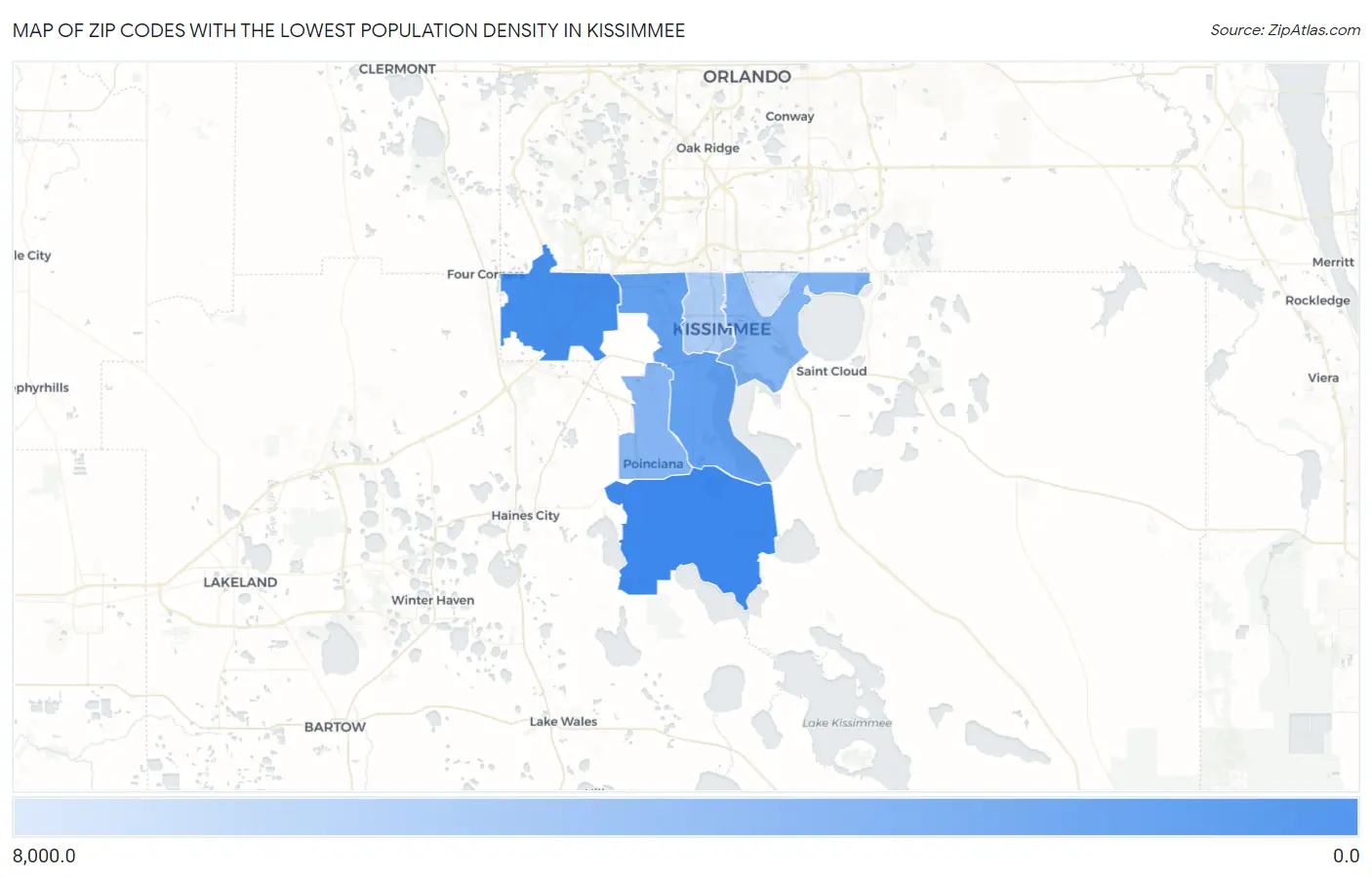 Zip Codes with the Lowest Population Density in Kissimmee Map