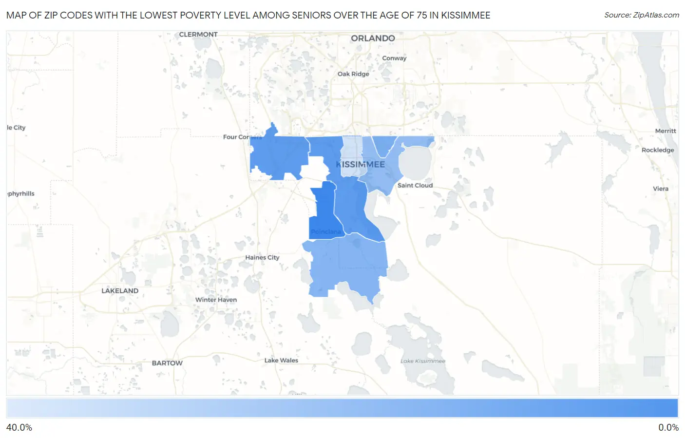 Zip Codes with the Lowest Poverty Level Among Seniors Over the Age of 75 in Kissimmee Map
