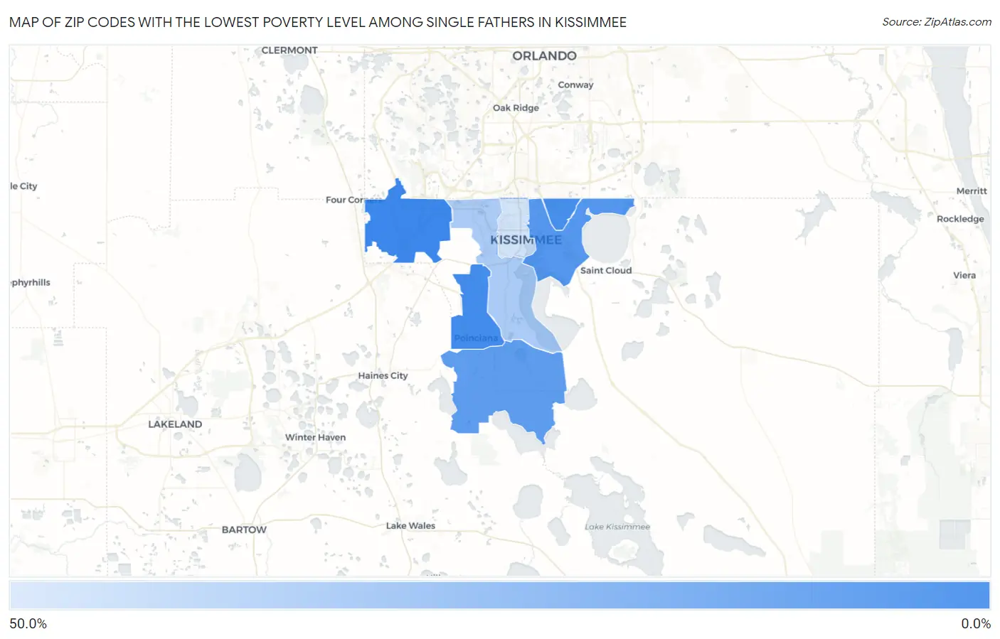 Zip Codes with the Lowest Poverty Level Among Single Fathers in Kissimmee Map