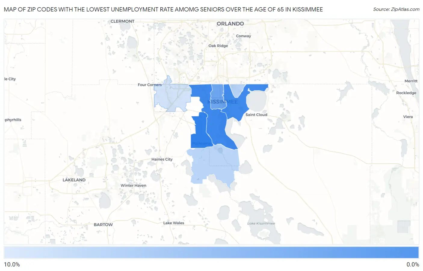 Zip Codes with the Lowest Unemployment Rate Amomg Seniors Over the Age of 65 in Kissimmee Map