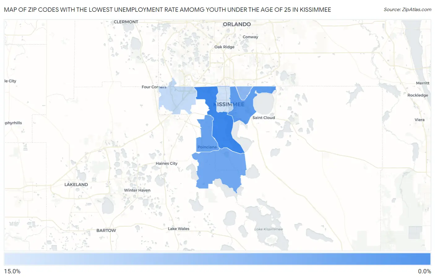 Zip Codes with the Lowest Unemployment Rate Amomg Youth Under the Age of 25 in Kissimmee Map