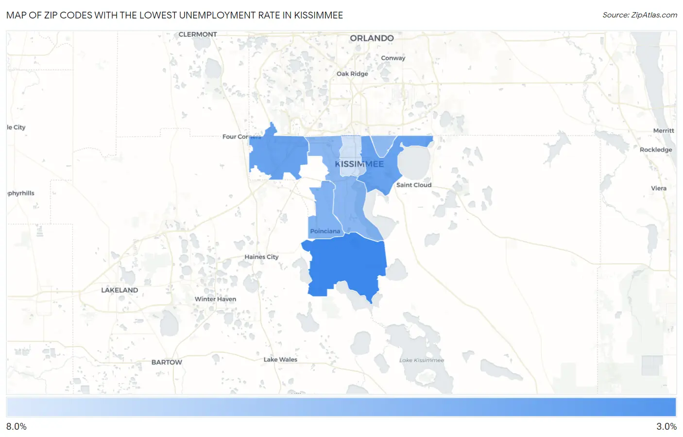 Zip Codes with the Lowest Unemployment Rate in Kissimmee Map