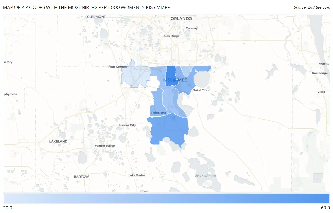 Zip Codes with the Most Births per 1,000 Women in Kissimmee Map