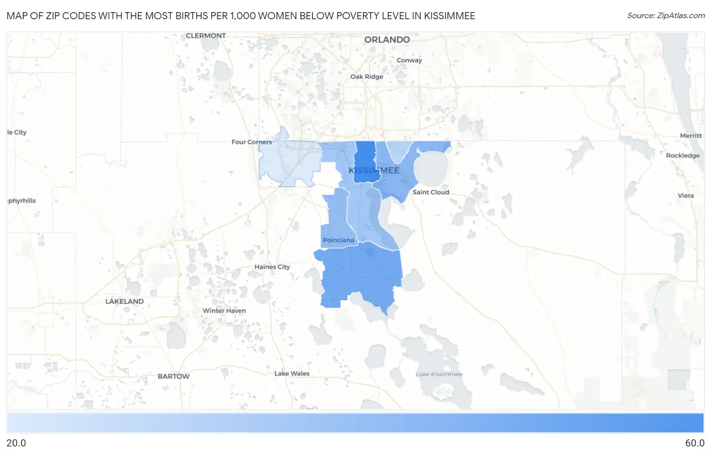 Zip Codes with the Most Births per 1,000 Women Below Poverty Level in Kissimmee Map