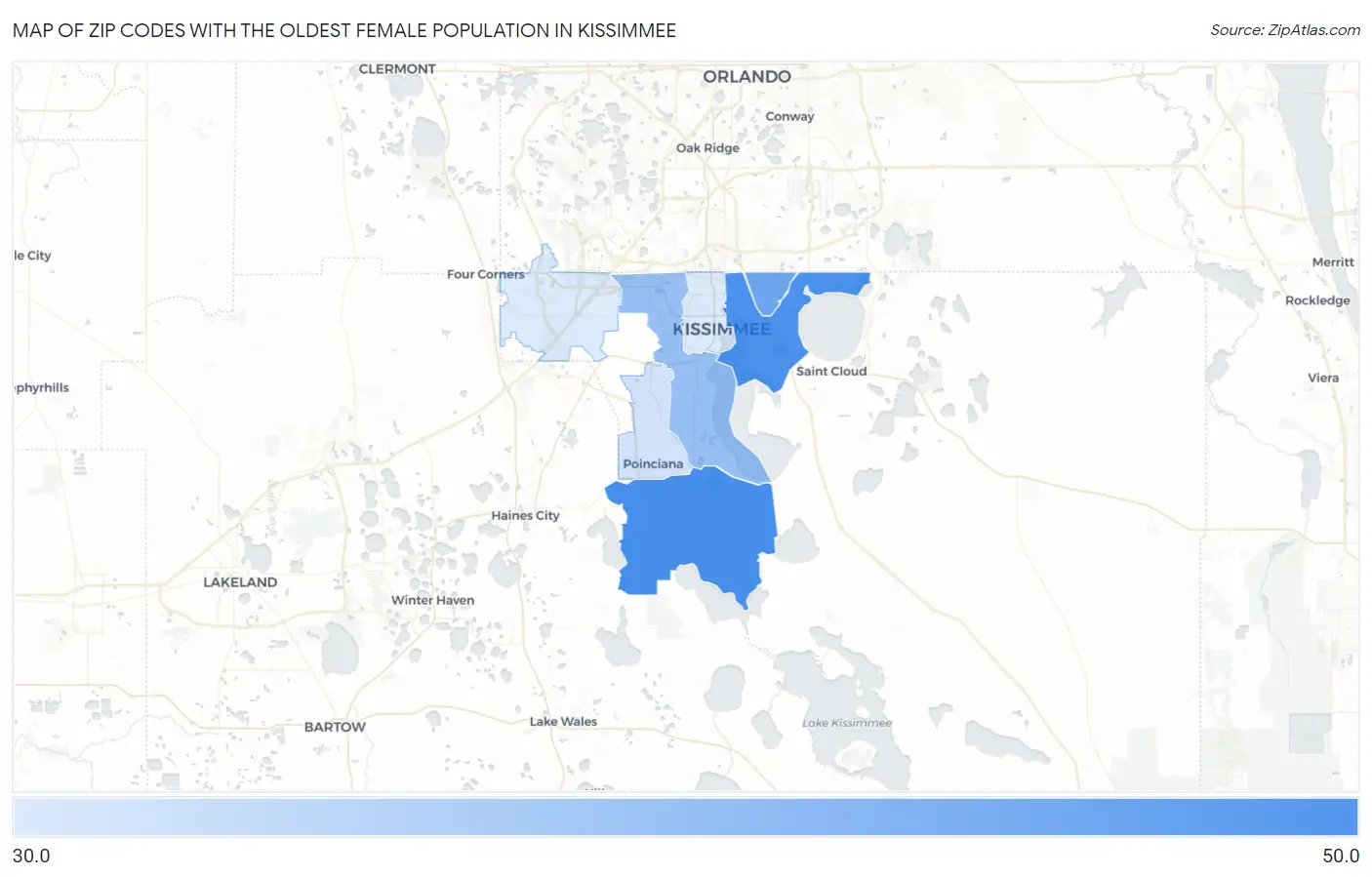 Zip Codes with the Oldest Female Population in Kissimmee Map
