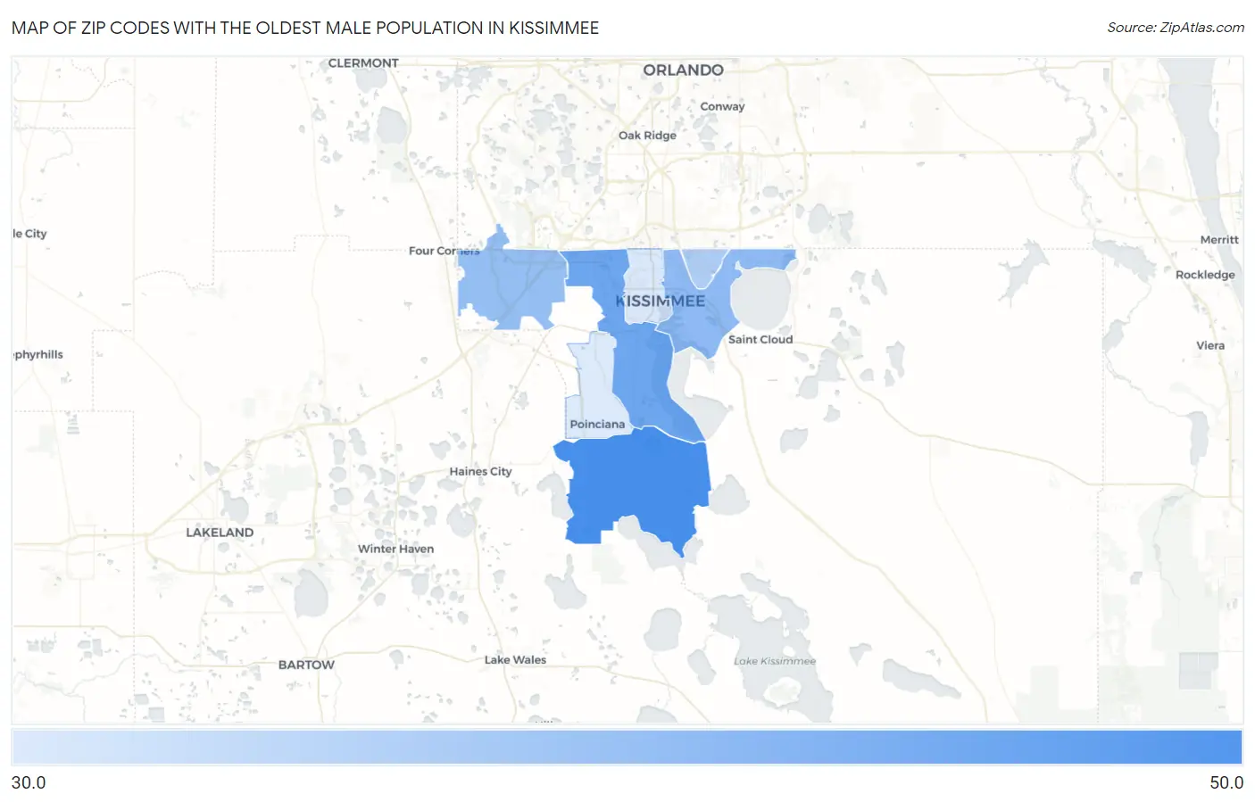 Zip Codes with the Oldest Male Population in Kissimmee Map