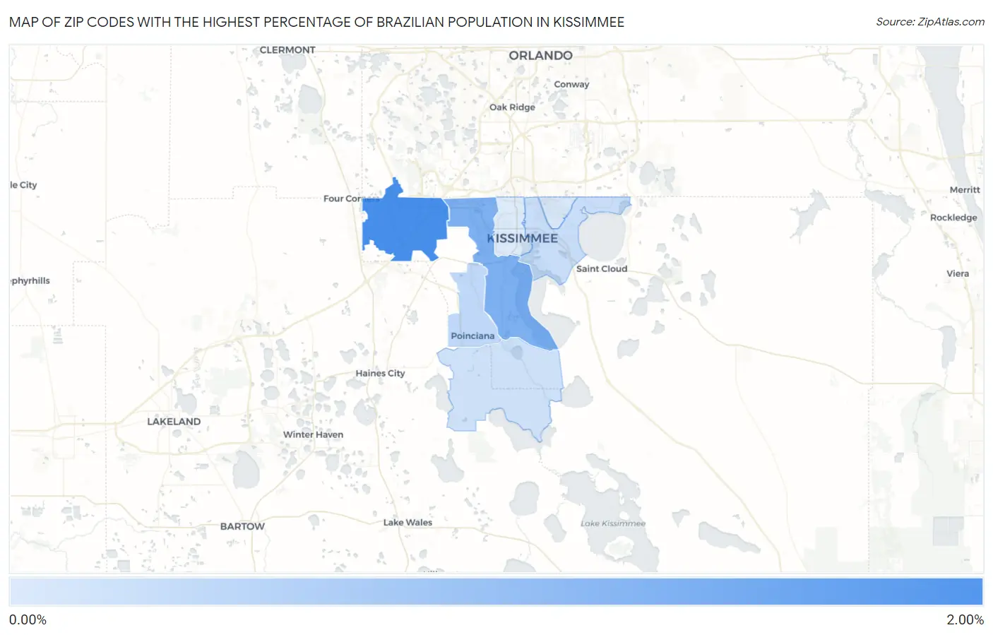 Zip Codes with the Highest Percentage of Brazilian Population in Kissimmee Map