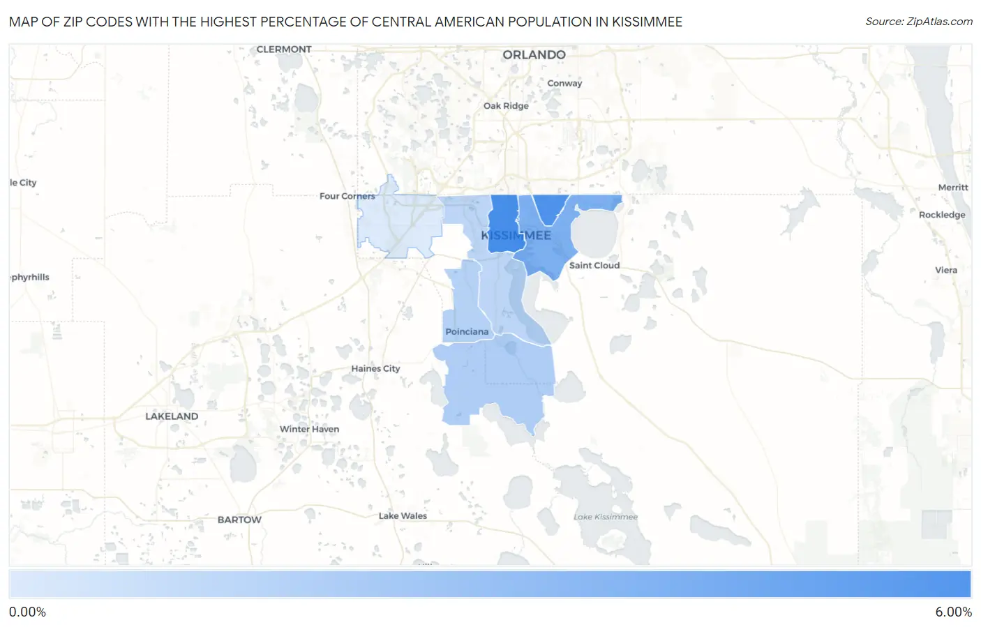 Zip Codes with the Highest Percentage of Central American Population in Kissimmee Map
