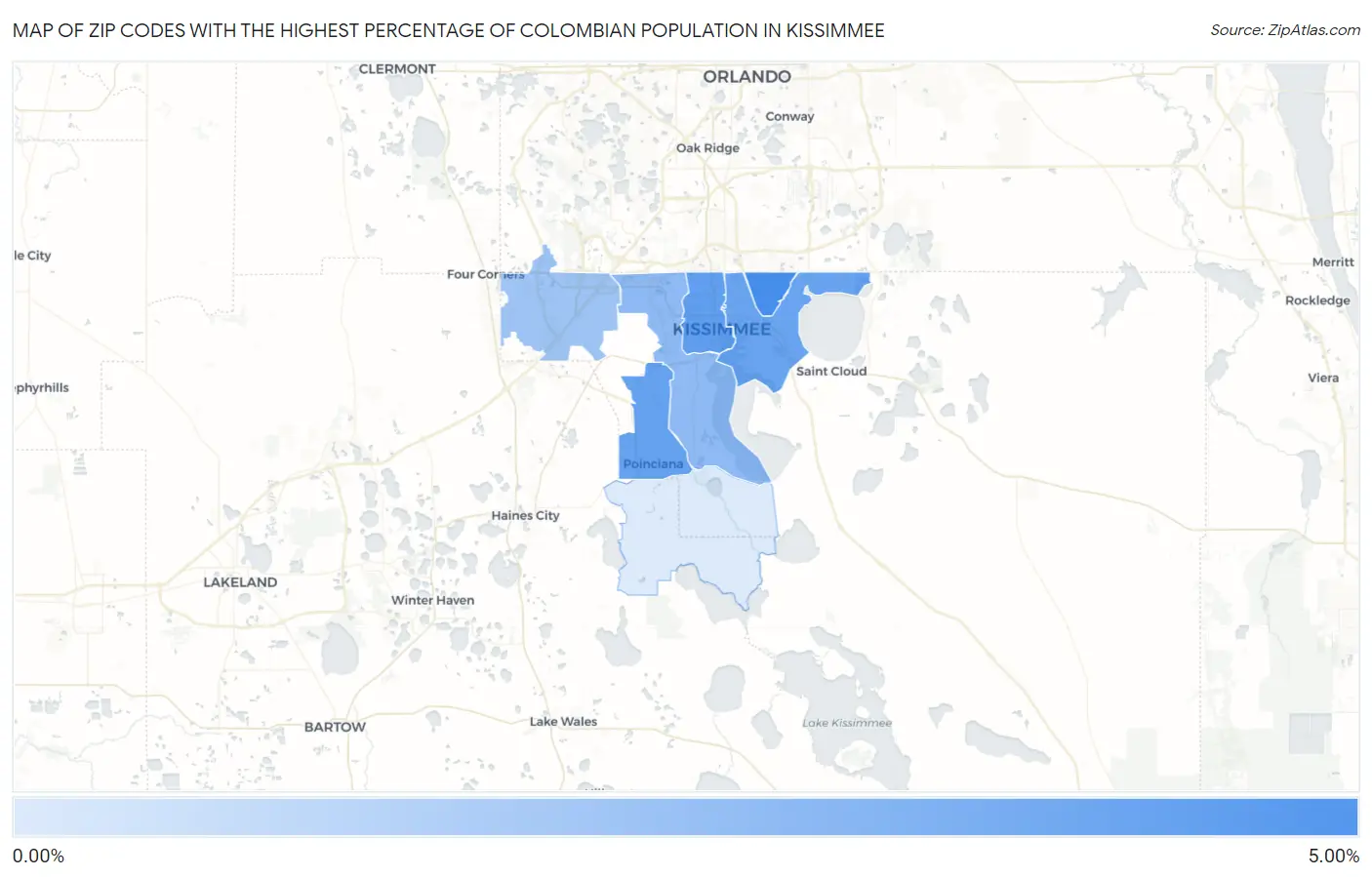 Zip Codes with the Highest Percentage of Colombian Population in Kissimmee Map