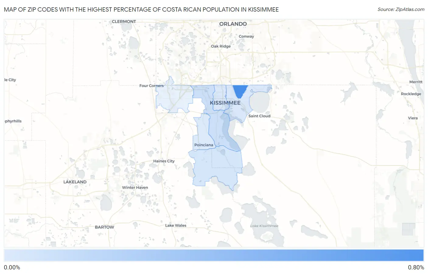 Zip Codes with the Highest Percentage of Costa Rican Population in Kissimmee Map