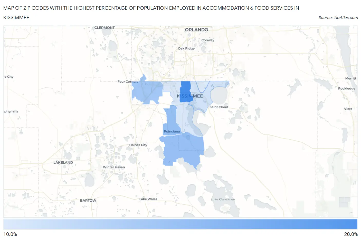 Zip Codes with the Highest Percentage of Population Employed in Accommodation & Food Services in Kissimmee Map