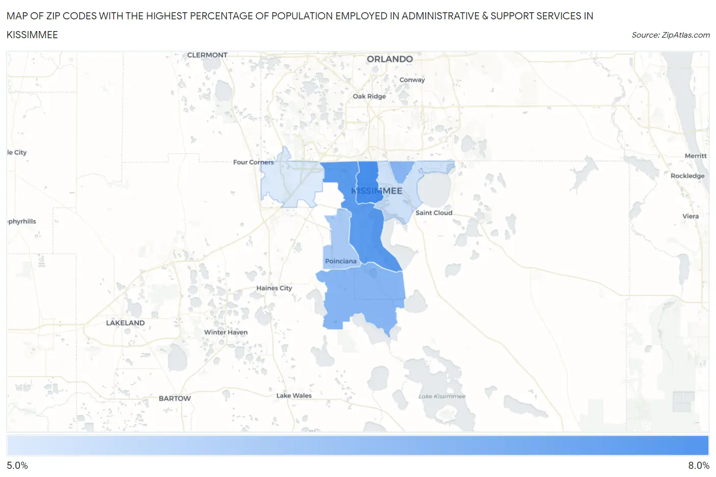 Zip Codes with the Highest Percentage of Population Employed in Administrative & Support Services in Kissimmee Map