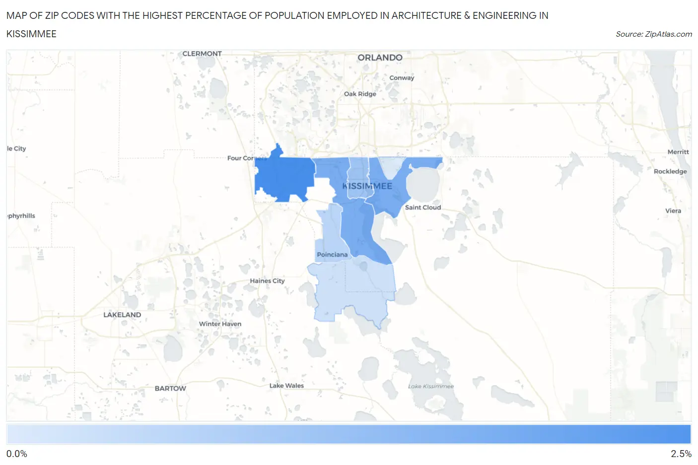 Zip Codes with the Highest Percentage of Population Employed in Architecture & Engineering in Kissimmee Map