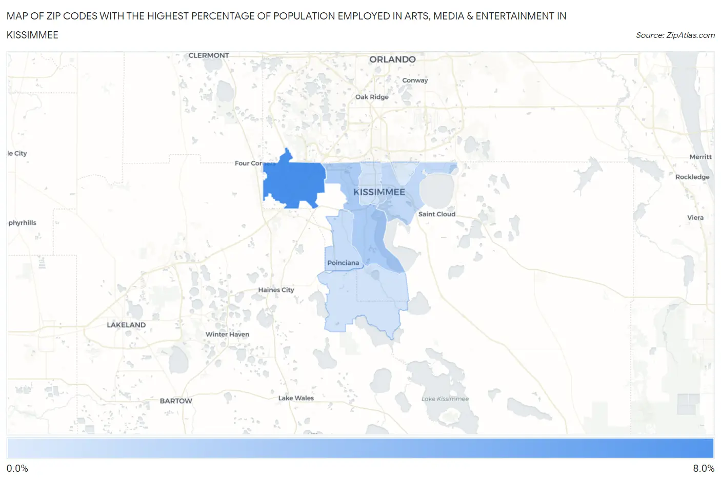 Zip Codes with the Highest Percentage of Population Employed in Arts, Media & Entertainment in Kissimmee Map