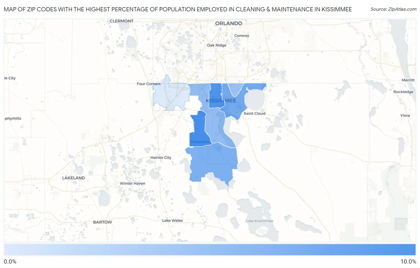 Zip Codes with the Highest Percentage of Population Employed in Cleaning & Maintenance in Kissimmee Map
