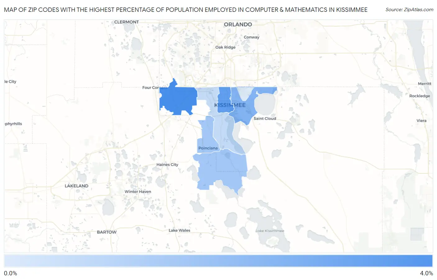 Zip Codes with the Highest Percentage of Population Employed in Computer & Mathematics in Kissimmee Map