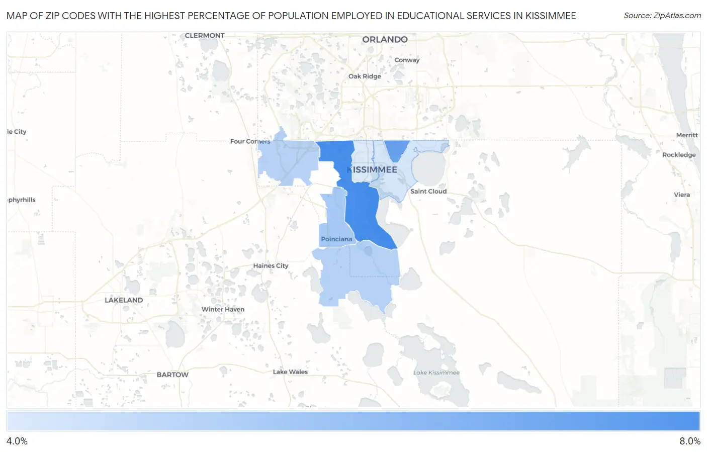 Zip Codes with the Highest Percentage of Population Employed in Educational Services in Kissimmee Map