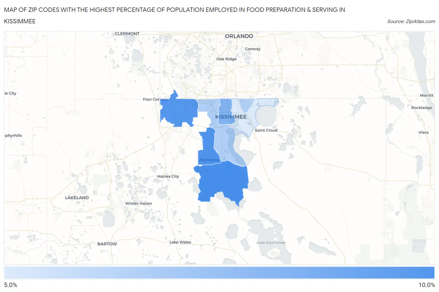 Zip Codes with the Highest Percentage of Population Employed in Food Preparation & Serving in Kissimmee Map