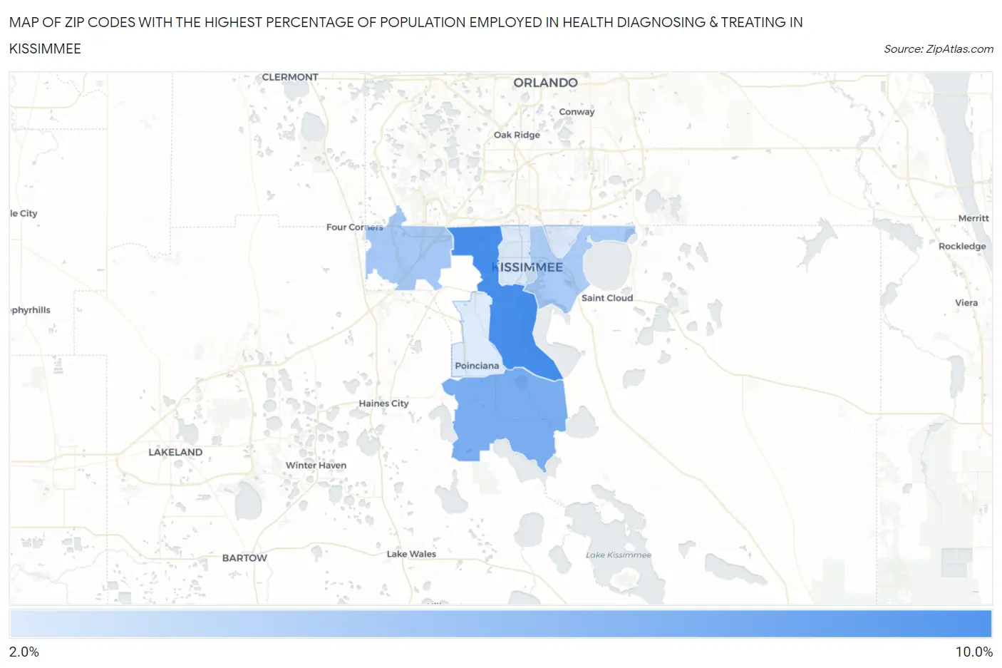 Zip Codes with the Highest Percentage of Population Employed in Health Diagnosing & Treating in Kissimmee Map