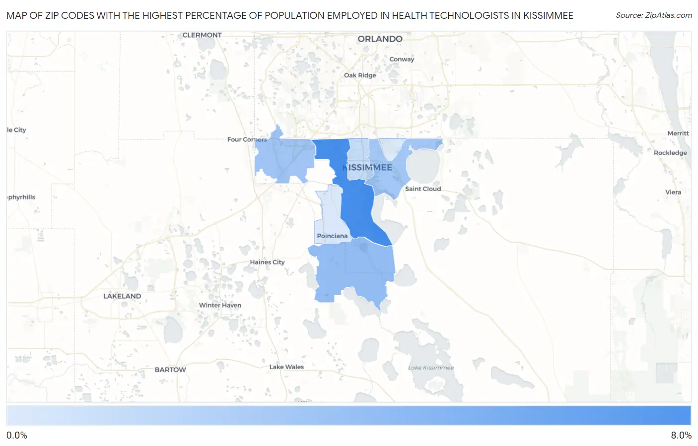 Zip Codes with the Highest Percentage of Population Employed in Health Technologists in Kissimmee Map