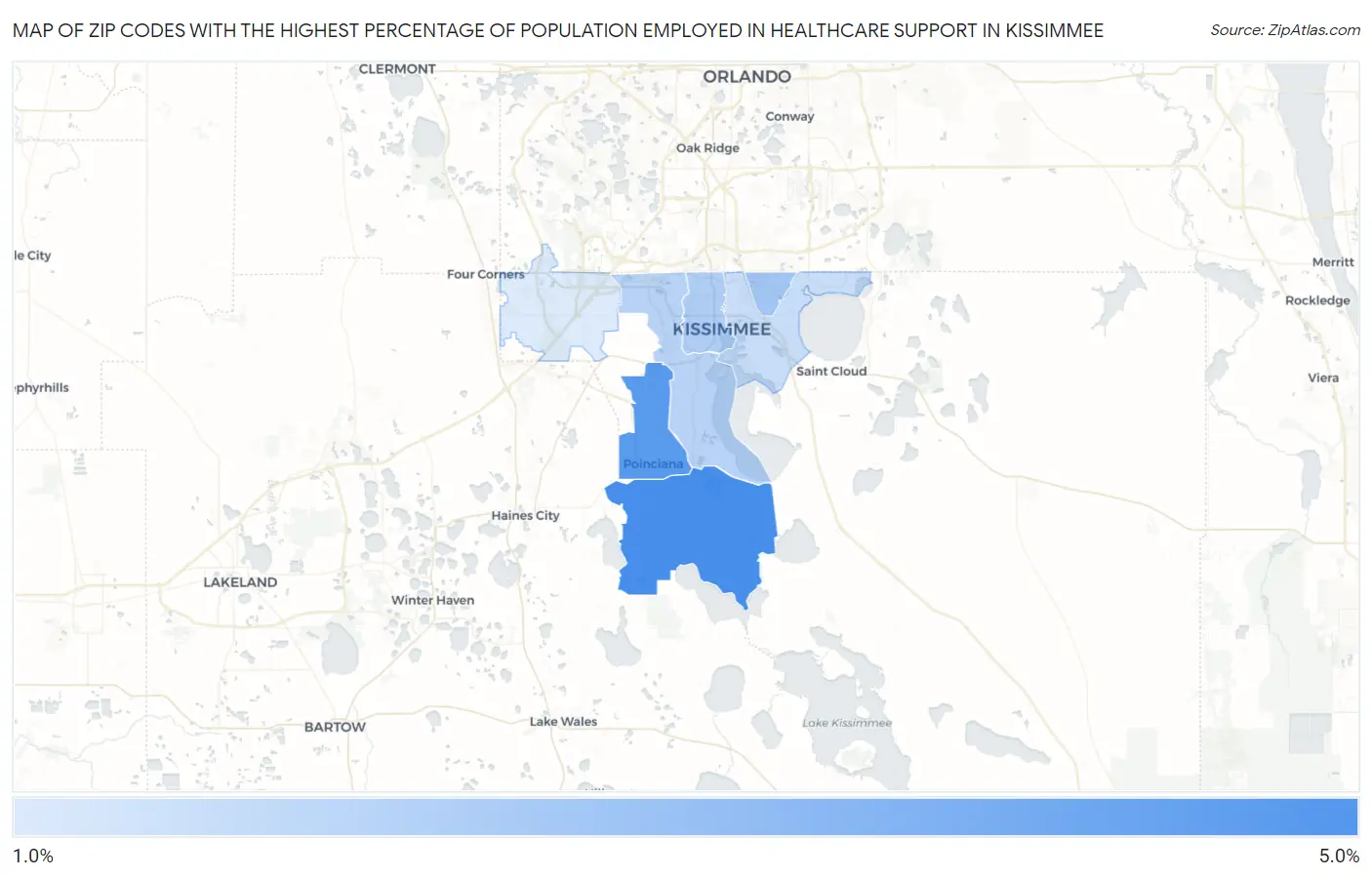 Zip Codes with the Highest Percentage of Population Employed in Healthcare Support in Kissimmee Map