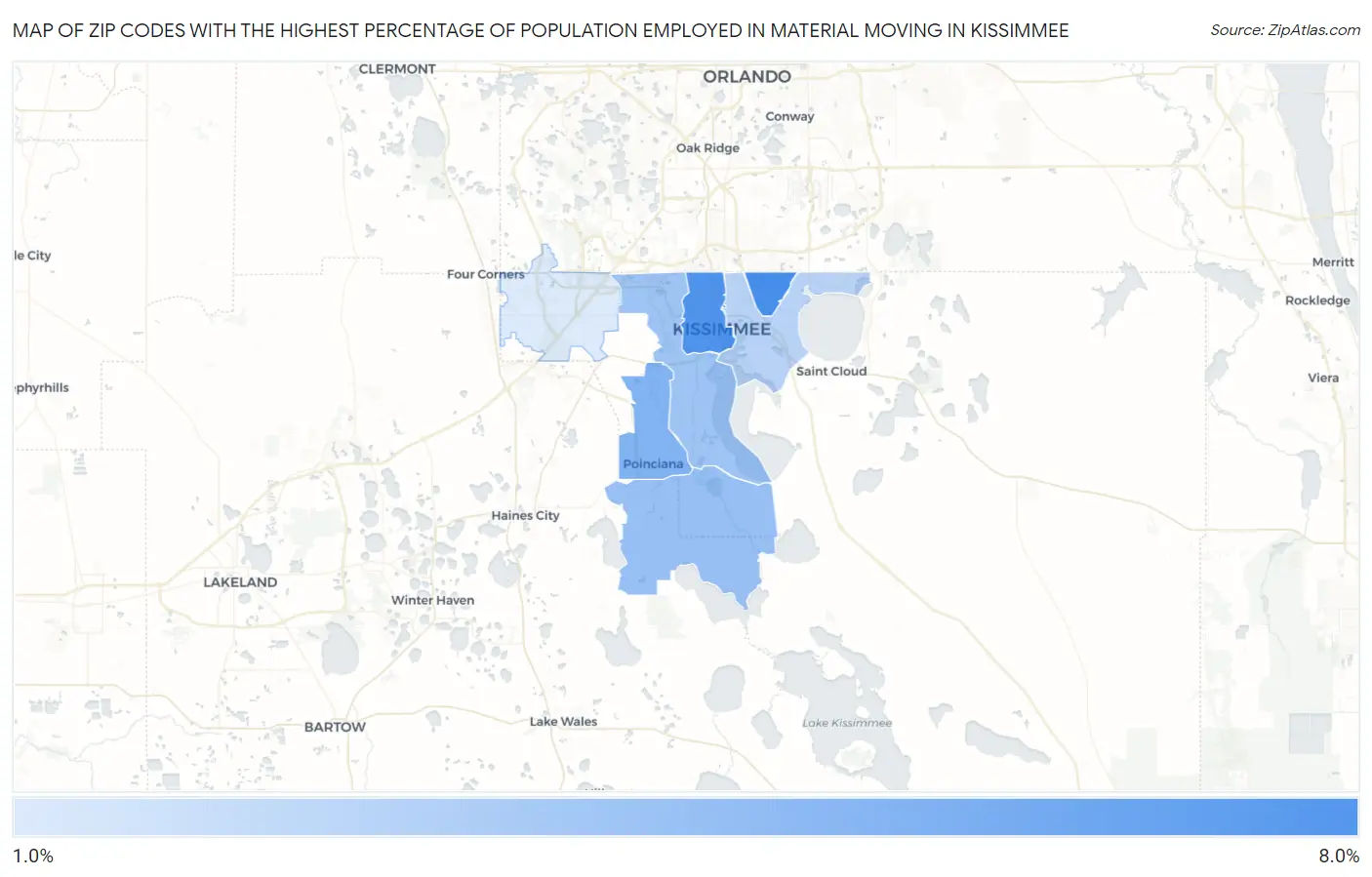 Zip Codes with the Highest Percentage of Population Employed in Material Moving in Kissimmee Map