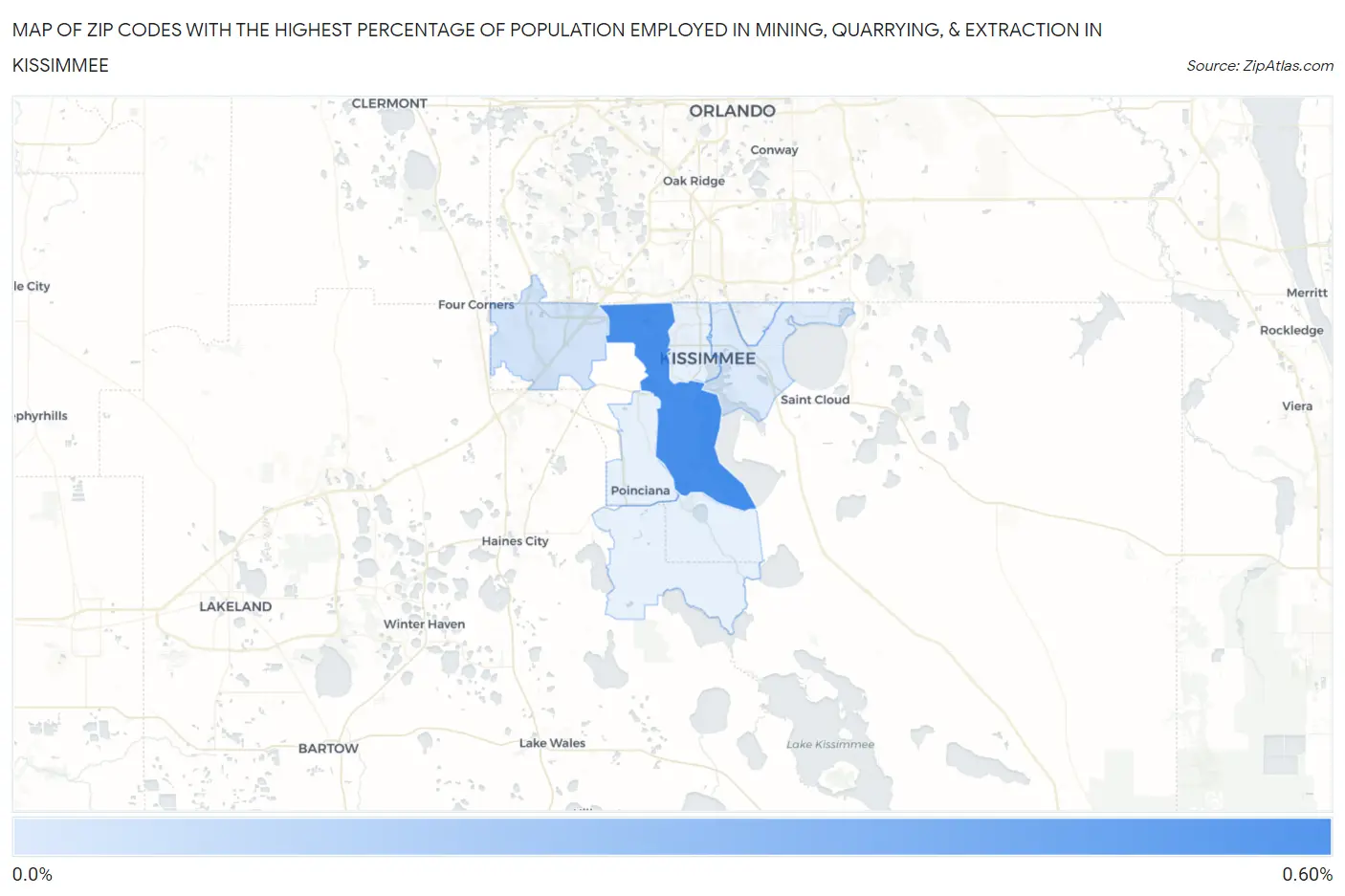 Zip Codes with the Highest Percentage of Population Employed in Mining, Quarrying, & Extraction in Kissimmee Map