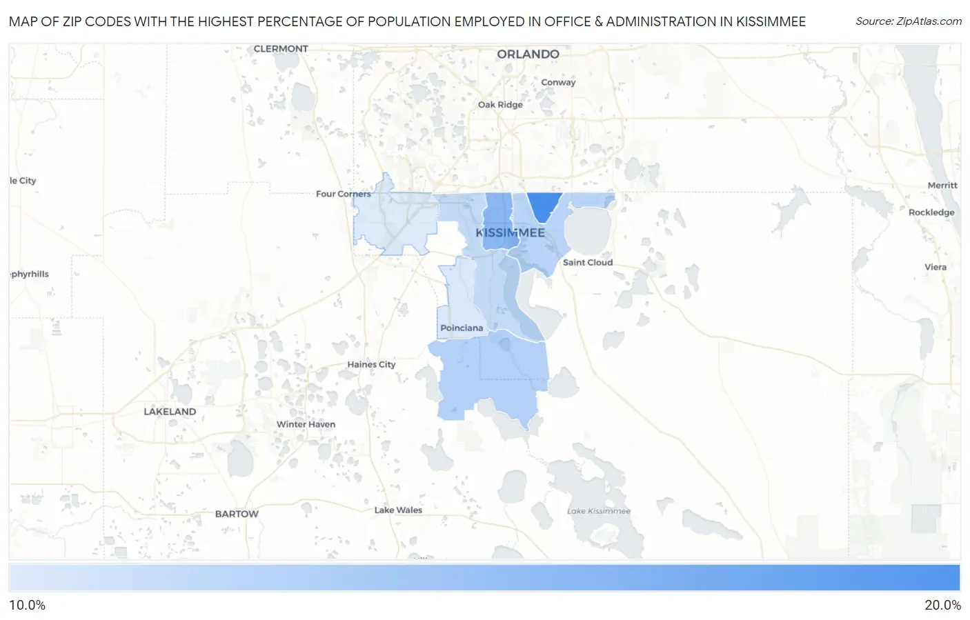 Zip Codes with the Highest Percentage of Population Employed in Office & Administration in Kissimmee Map