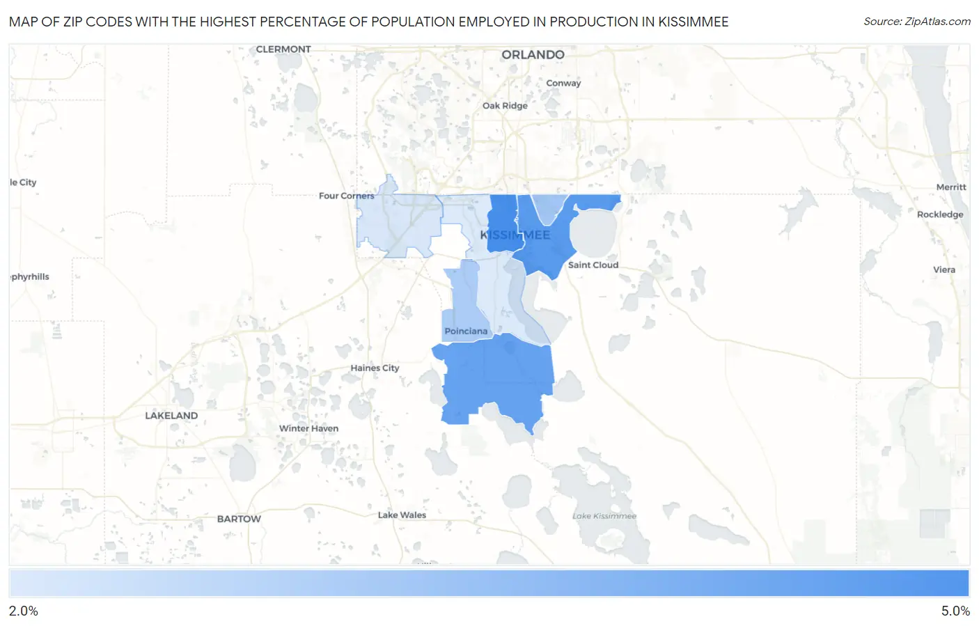 Zip Codes with the Highest Percentage of Population Employed in Production in Kissimmee Map