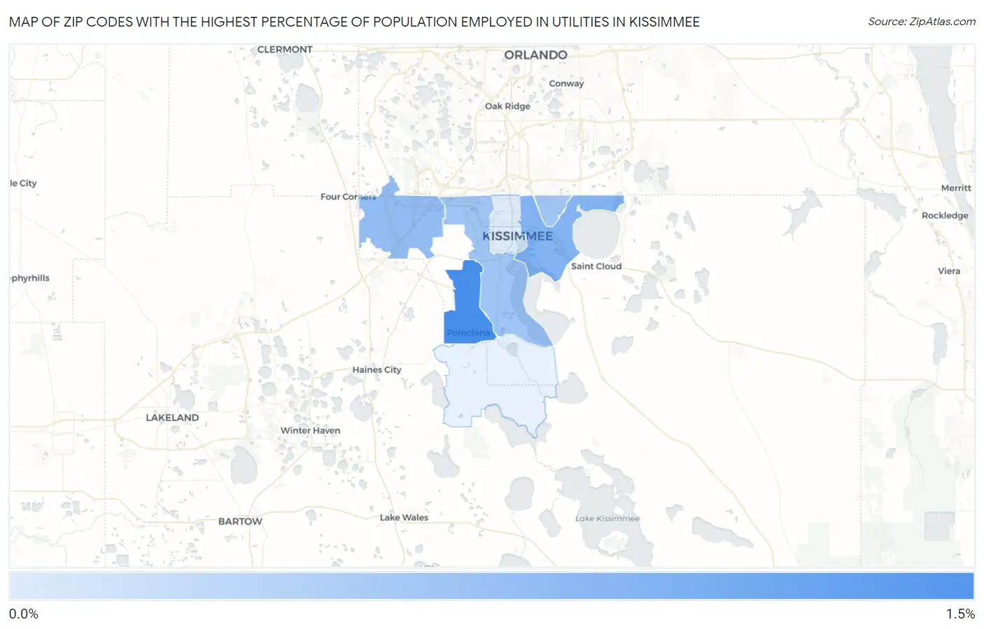 Zip Codes with the Highest Percentage of Population Employed in Utilities in Kissimmee Map