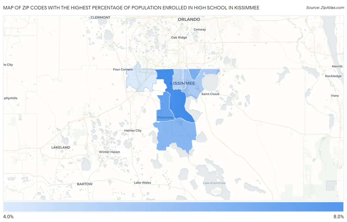 Zip Codes with the Highest Percentage of Population Enrolled in High School in Kissimmee Map