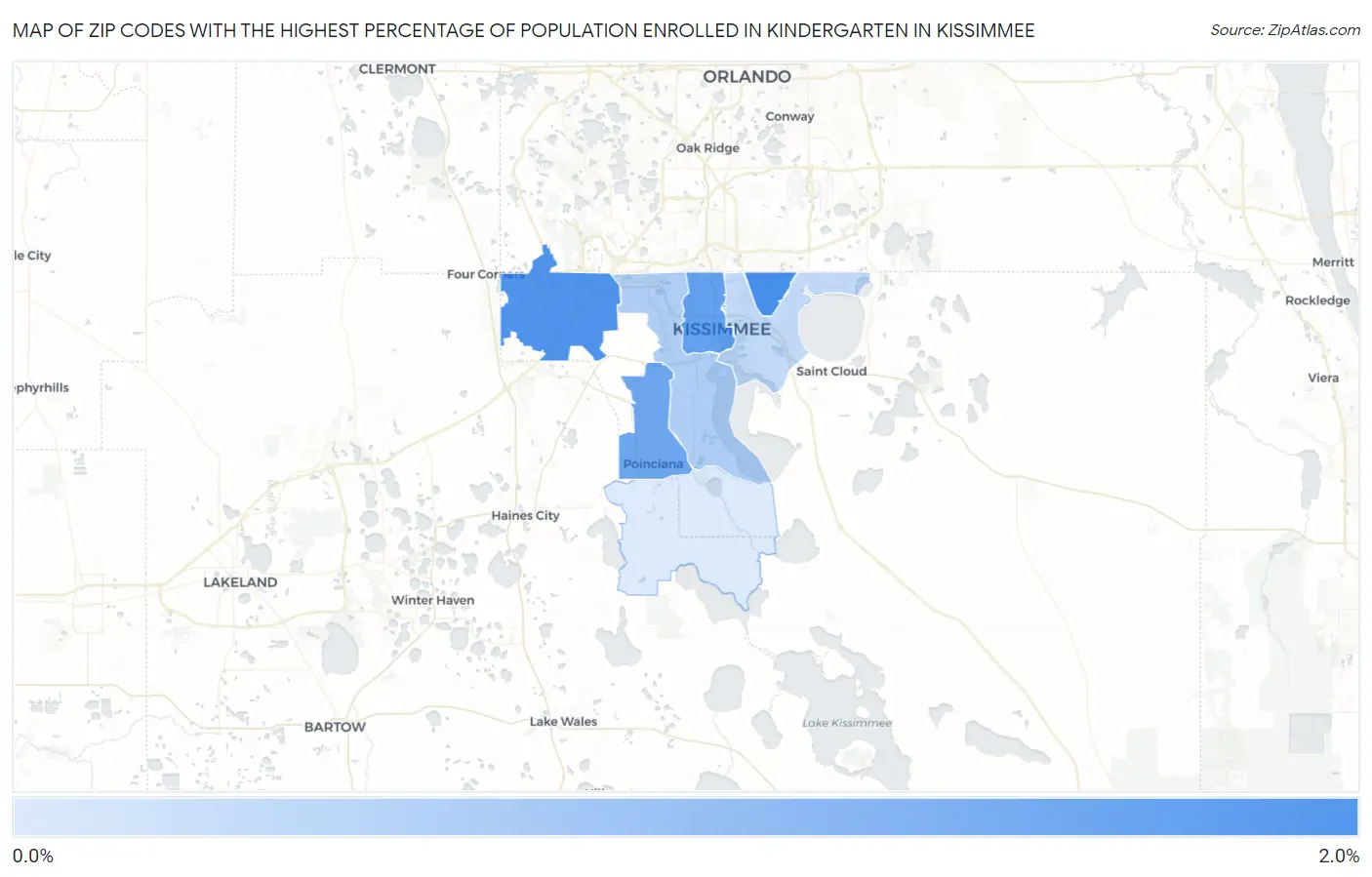 Zip Codes with the Highest Percentage of Population Enrolled in Kindergarten in Kissimmee Map