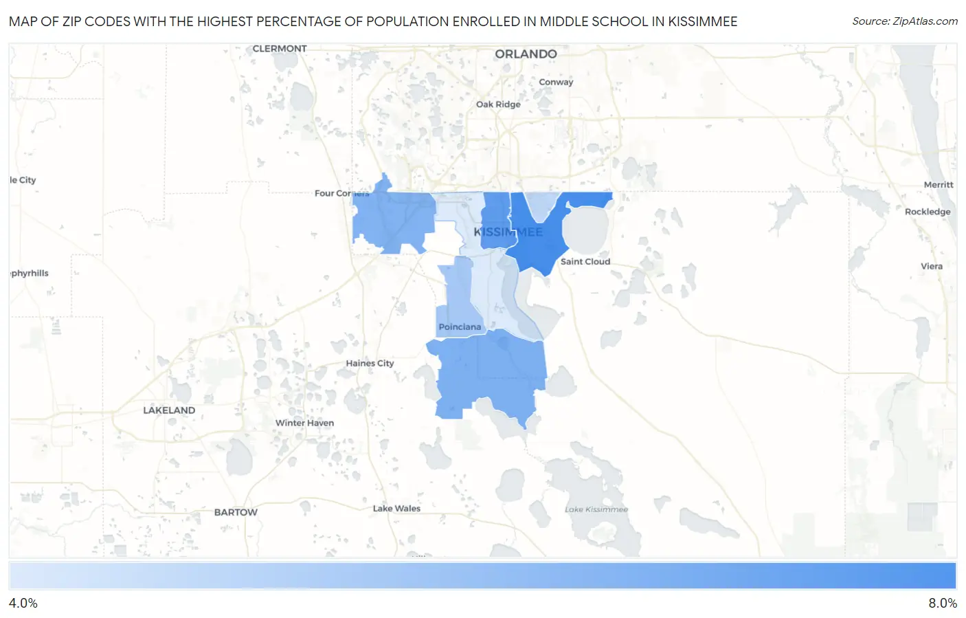 Zip Codes with the Highest Percentage of Population Enrolled in Middle School in Kissimmee Map