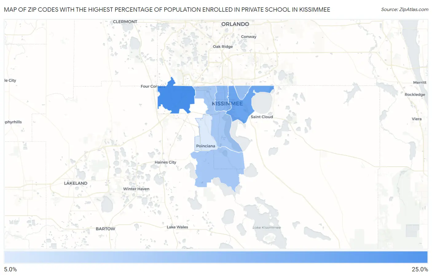 Zip Codes with the Highest Percentage of Population Enrolled in Private School in Kissimmee Map