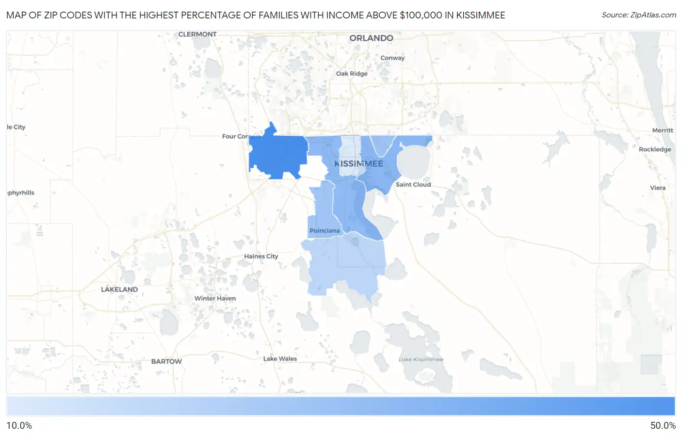 Zip Codes with the Highest Percentage of Families with Income Above $100,000 in Kissimmee Map